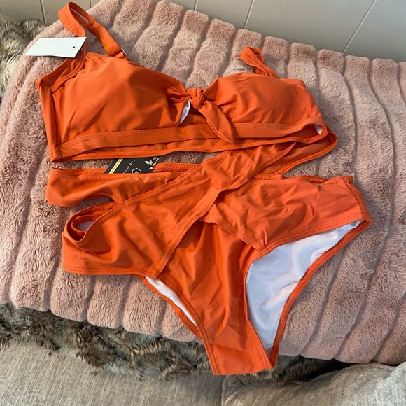 Cold Shoulder Printed High Waist Orange Swimwear